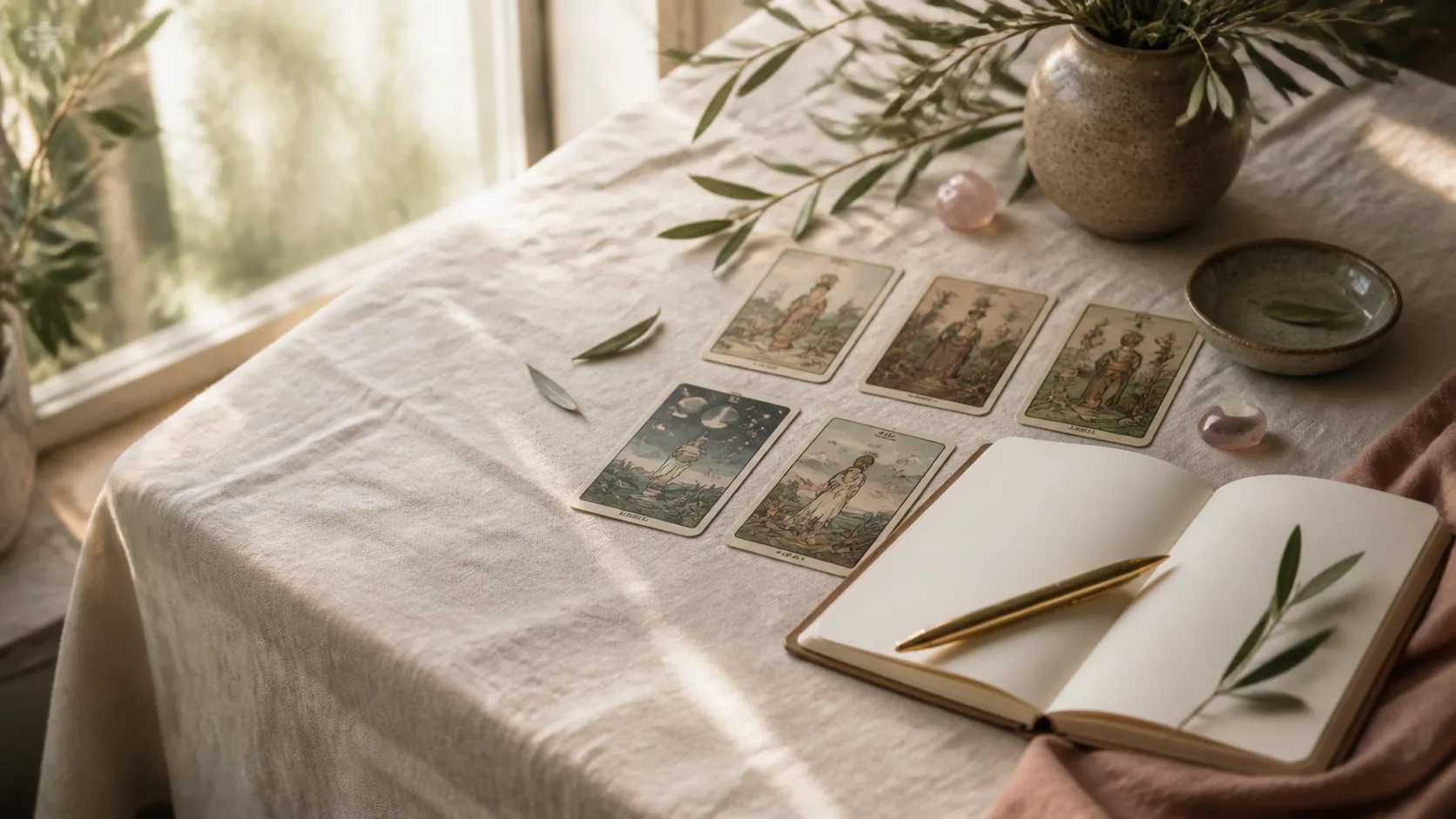 warm still life with tarot cards, a blank journal, olive leaves, and soft linen light for relationship reflection